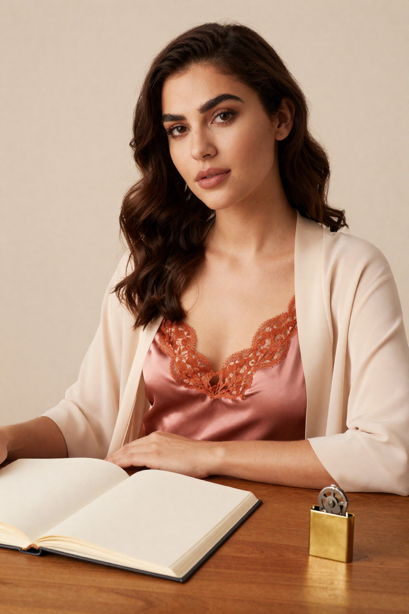 Fictional 29-year-old woman, dark chestnut hair in long loose waves over one shoulder, smooth olive skin,